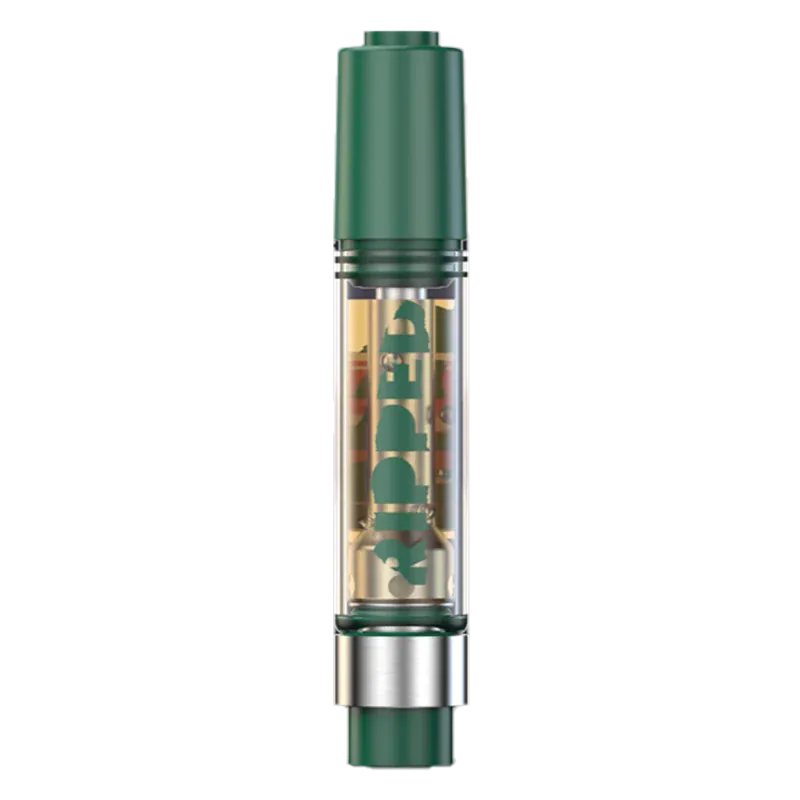 Straight-on view of the Blueberried Liquid Diamond Vape Cartridge showing its green mouthpiece and clear glass chamber.