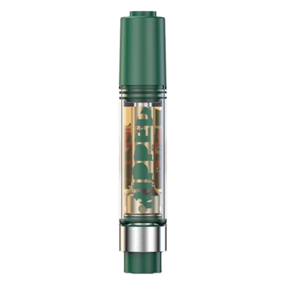 Straight-on view of the Blueberried Liquid Diamond Vape Cartridge showing its green mouthpiece and clear glass chamber.
