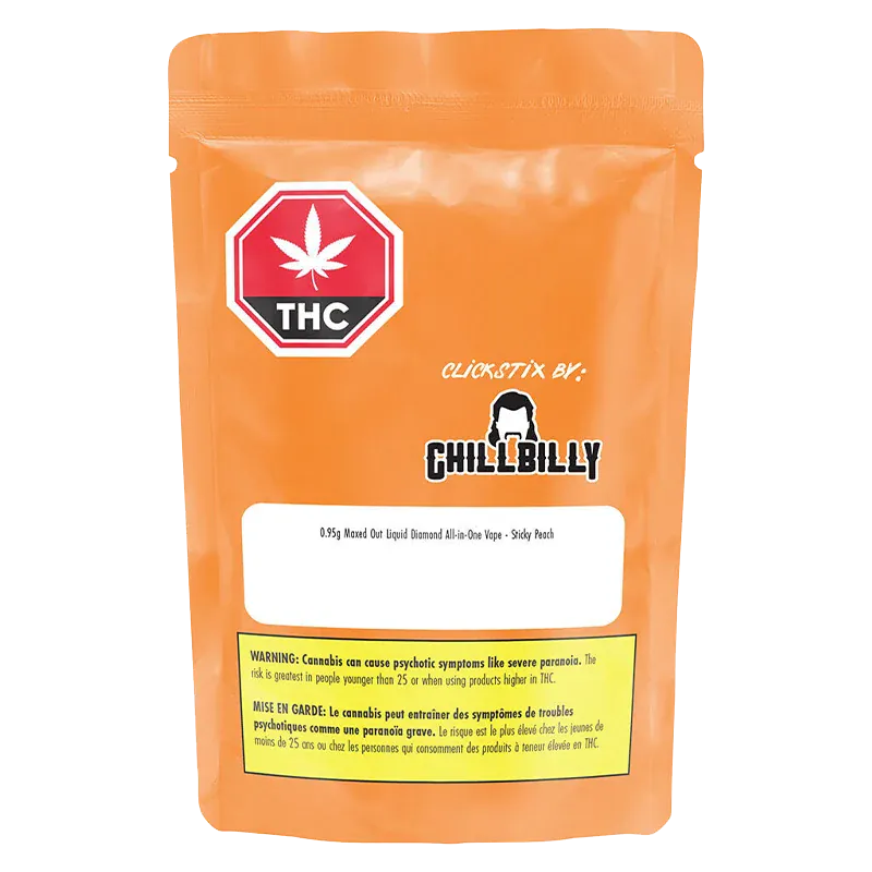 Front-facing shot of the Maxed Out Sticky Peach Liquid Diamond Disposable Vape orange pouch with THC emblem and Chillbilly logo on a white background
