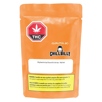 Front-facing shot of the Maxed Out Sticky Peach Liquid Diamond Disposable Vape orange pouch with THC emblem and Chillbilly logo on a white background