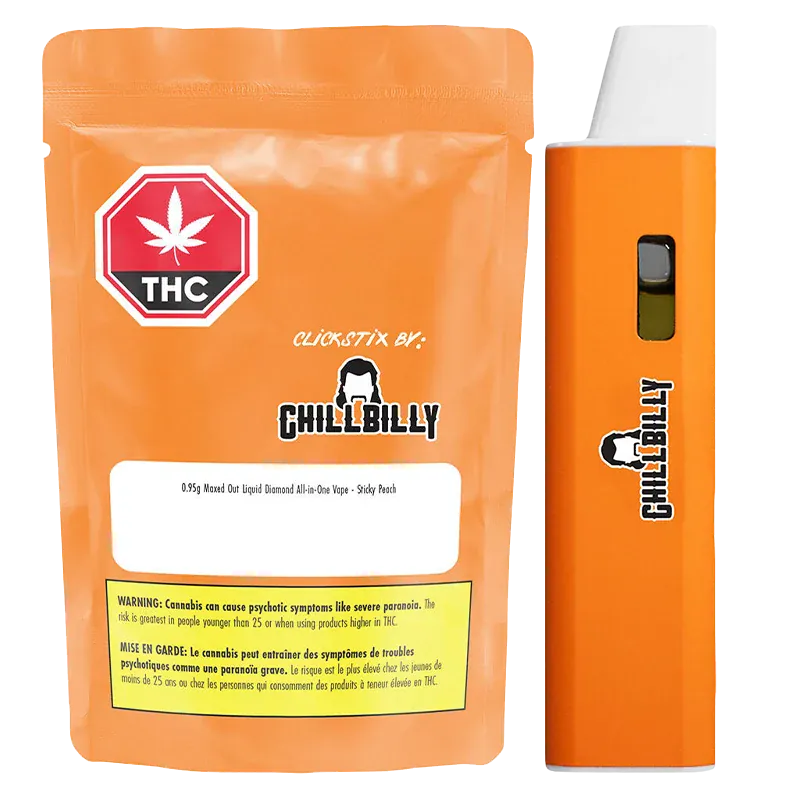 Front-facing shot of an orange Maxed Out Sticky Peach Liquid Diamond Disposable Vape beside its matching orange Chillbilly-branded pouch, both shown against a white background.