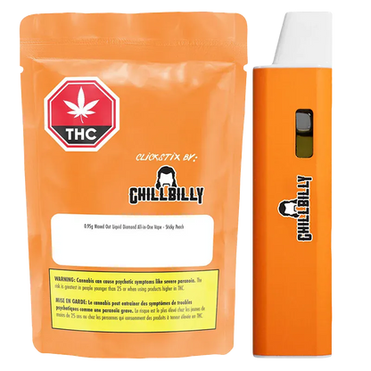 Front-facing shot of an orange Maxed Out Sticky Peach Liquid Diamond Disposable Vape beside its matching orange Chillbilly-branded pouch, both shown against a white background.