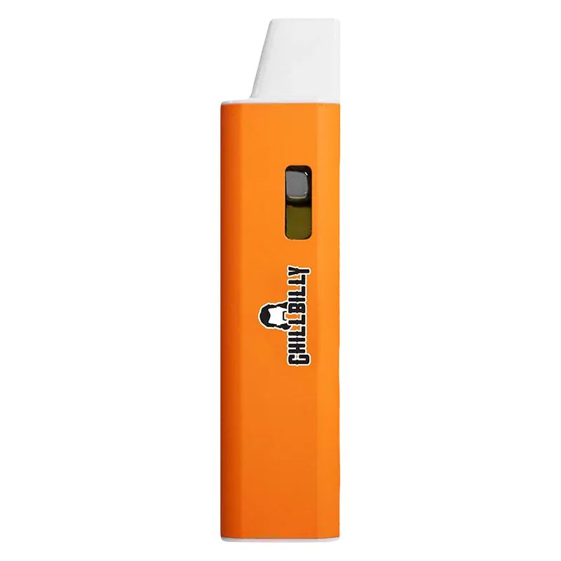 Side view of the orange Maxed Out Sticky Peach Liquid Diamond Disposable Vape showing its white mouthpiece, small liquid window, and centered logo.