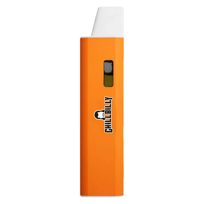 Side view of the orange Maxed Out Sticky Peach Liquid Diamond Disposable Vape showing its white mouthpiece, small liquid window, and centered logo.
