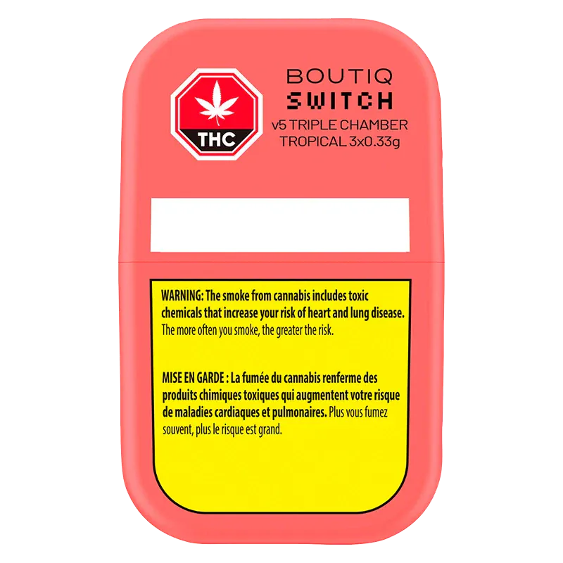 Front-facing view of the coral-colored Boutiq Switch V5 Triple Chamber Tropical Disposable Vape packaging with THC badge and yellow warning panel.