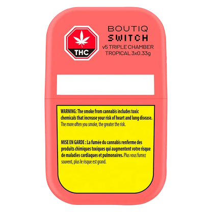 Front-facing view of the coral-colored Boutiq Switch V5 Triple Chamber Tropical Disposable Vape packaging with THC badge and yellow warning panel.
