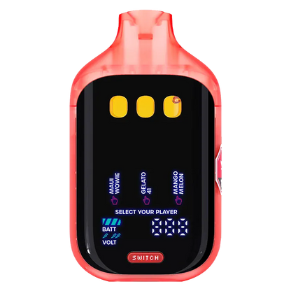 Top-down view of a red Switch V5 Triple Chamber Tropical Disposable Vape showing three yellow chamber windows and a glossy black front display with blue LED text.