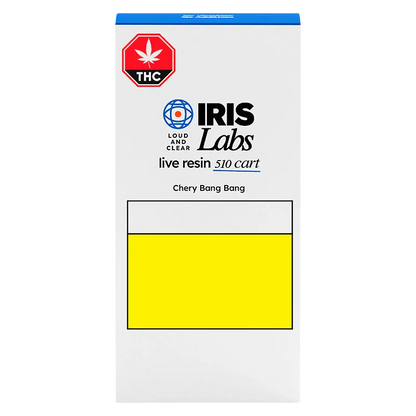 Centered front view of the IRIS Labs Cherry Bang Bang Live Resin Vape Cartridge box with bold logo, THC badge, and a large yellow sample panel