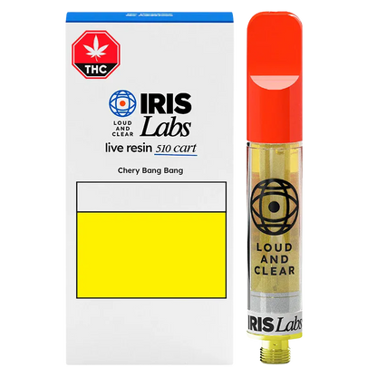 Front view of the Cherry Bang Bang Live Resin Vape Cartridge showing the Iris Labs white box with yellow label beside a clear cartridge with red mouthpiece and gold oil.