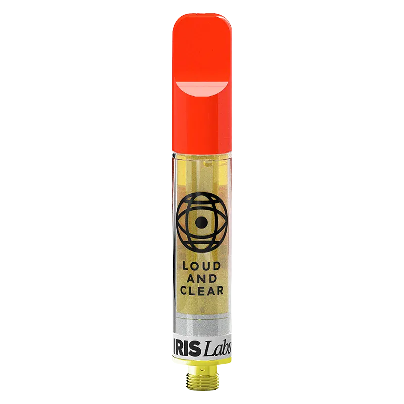 Center-frontal view of a slender cartridge with a bright red mouthpiece labeled "Cherry Bang Bang Live Resin Vape Cartridge" showing the transparent body with golden oil and a black "LOUD AND CLEAR" logo.