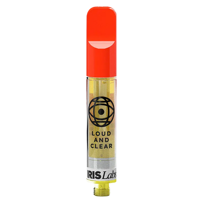 Center-frontal view of a slender cartridge with a bright red mouthpiece labeled "Cherry Bang Bang Live Resin Vape Cartridge" showing the transparent body with golden oil and a black "LOUD AND CLEAR" logo.
