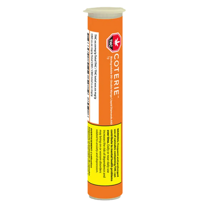 Vertical front-facing view of an orange tube labeled Biodegradable 95+ Double Mango Liquid Diamonds Disposable Vape showing the Coterie brand logo and warning panel.