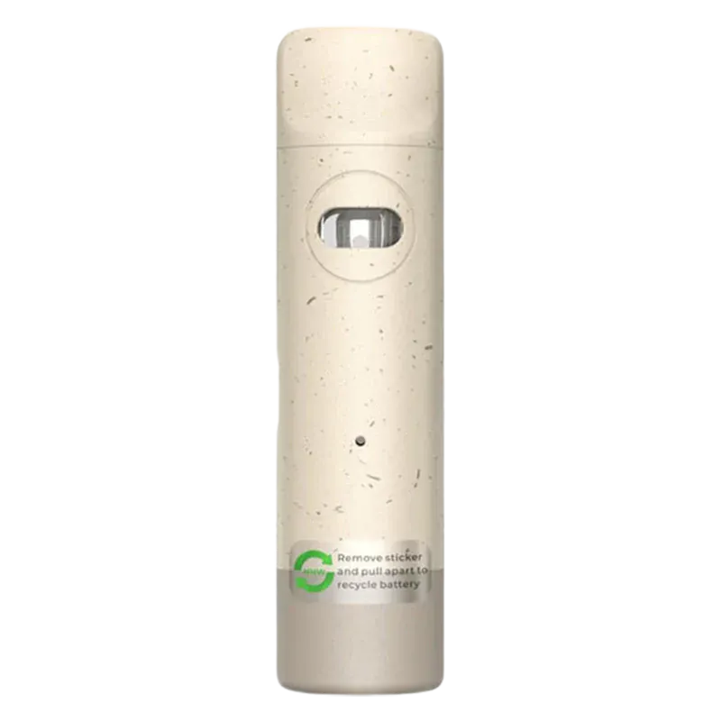 Center-frontal view of a speckled cream disposable device labeled Biodegradable 95+ Double Mango Liquid Diamonds Disposable Vape with a small viewing window and recycling sticker near the base