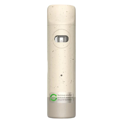 Center-frontal view of a speckled cream disposable device labeled Biodegradable 95+ Double Mango Liquid Diamonds Disposable Vape with a small viewing window and recycling sticker near the base