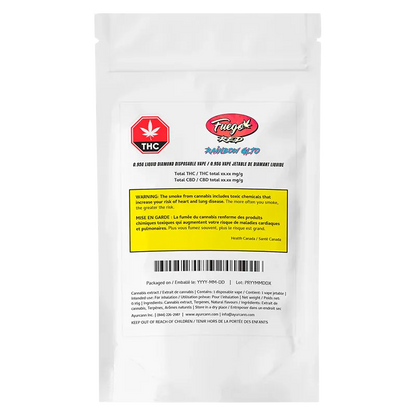Front-facing shot of the white resealable pouch labeled "Fuego XPD Rainbow GLTO Liquid Diamond Disposable Vape" with warning box, THC symbol, and barcode visible.