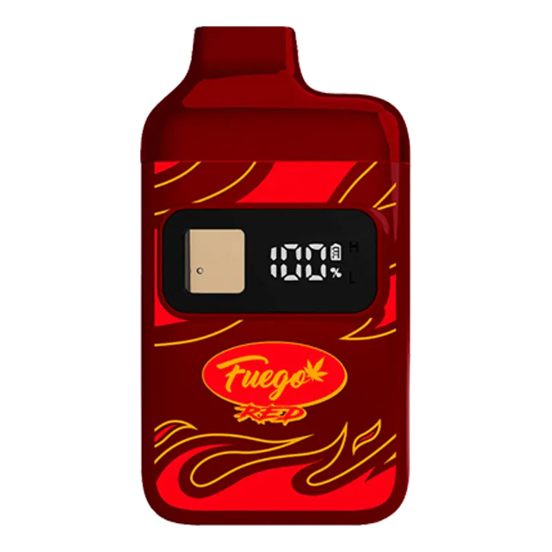 Front-facing view of the red Rainbow GLTO Liquid Diamond Disposable Vape with a small rectangular digital display showing "100%" and flame graphics on a white background