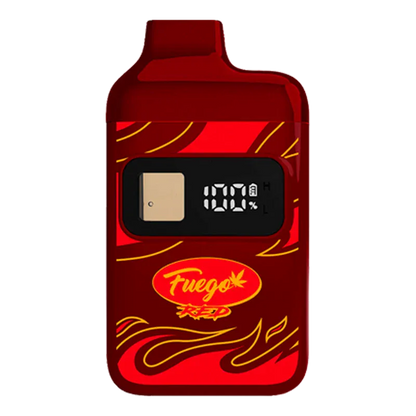 Front-facing view of the red Rainbow GLTO Liquid Diamond Disposable Vape with a small rectangular digital display showing "100%" and flame graphics on a white background