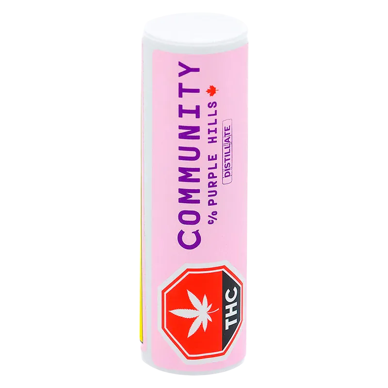 Straight-on view of the 95+ Tangie Cream Biodegradable Disposable Vape standing upright with a pink label reading "COMMUNITY" and a red THC symbol near the base.