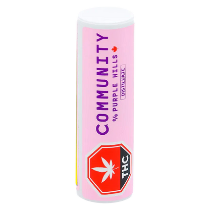 Straight-on view of the 95+ Tangie Cream Biodegradable Disposable Vape standing upright with a pink label reading "COMMUNITY" and a red THC symbol near the base.