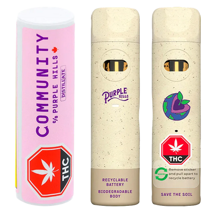 Front-facing shot of two beige, speckled 95+ Tangie Cream Biodegradable Disposable Vape devices alongside a pink "COMMUNITY" tube, showing logos and recyclable-battery text.