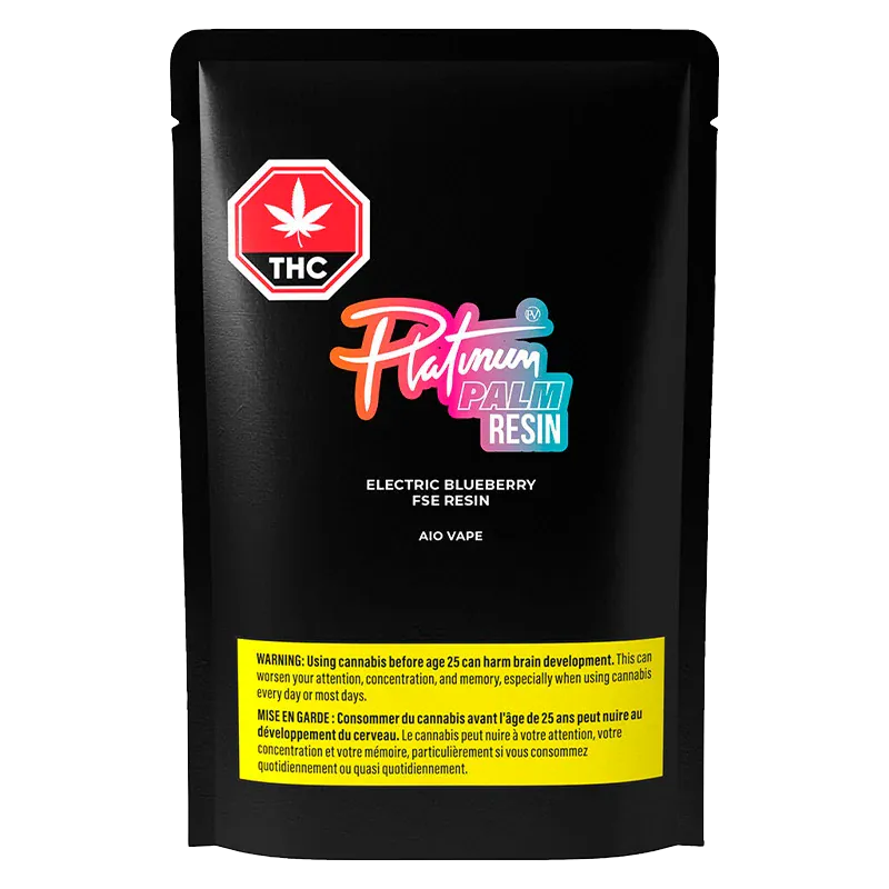 Front-facing shot of the black package labeled "Platinum Palm Resin Electric Blueberry FSE Resin" with a colorful logo, THC icon, and yellow warning panel.