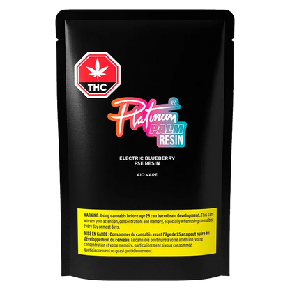 Front-facing shot of the black package labeled "Platinum Palm Resin Electric Blueberry FSE Resin" with a colorful logo, THC icon, and yellow warning panel.