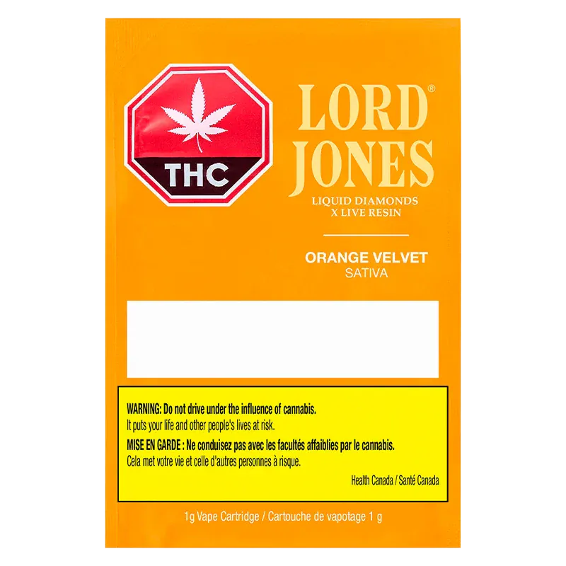 Front-facing package shot of the Lord Jones Orange Velvet Liquid Diamonds Vape Cartridge on a bright orange background with a red THC stop-sign logo at top-left.