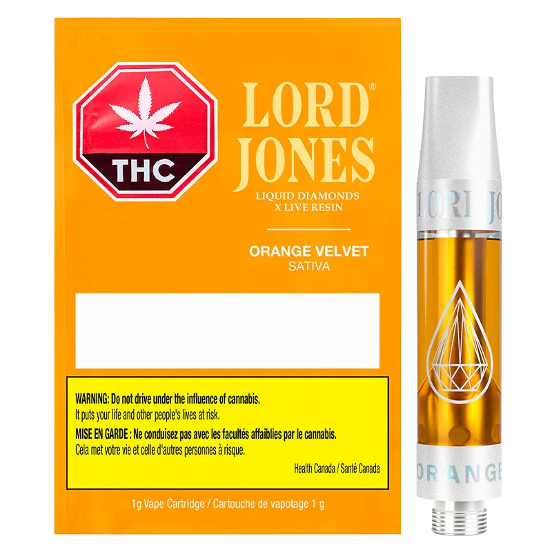 Bright studio shot of the Orange Velvet Liquid Diamonds Vape Cartridge packaging and 1 g cartridge, showing the orange box with THC symbol and the golden oil-filled cartridge.