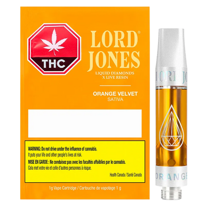 Bright studio shot of the Orange Velvet Liquid Diamonds Vape Cartridge packaging and 1 g cartridge, showing the orange box with THC symbol and the golden oil-filled cartridge.