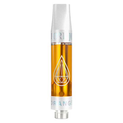 Straight-on close-up of the Orange Velvet Liquid Diamonds Vape Cartridge showing amber oil in a clear chamber with a white geometric droplet logo.