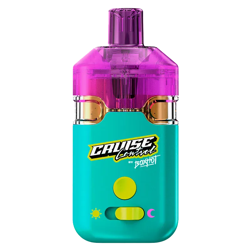 Centered front view of the Day + Night Dual Disposable Vape showing its teal body, pink translucent top, logo, and sun/moon mode switch.