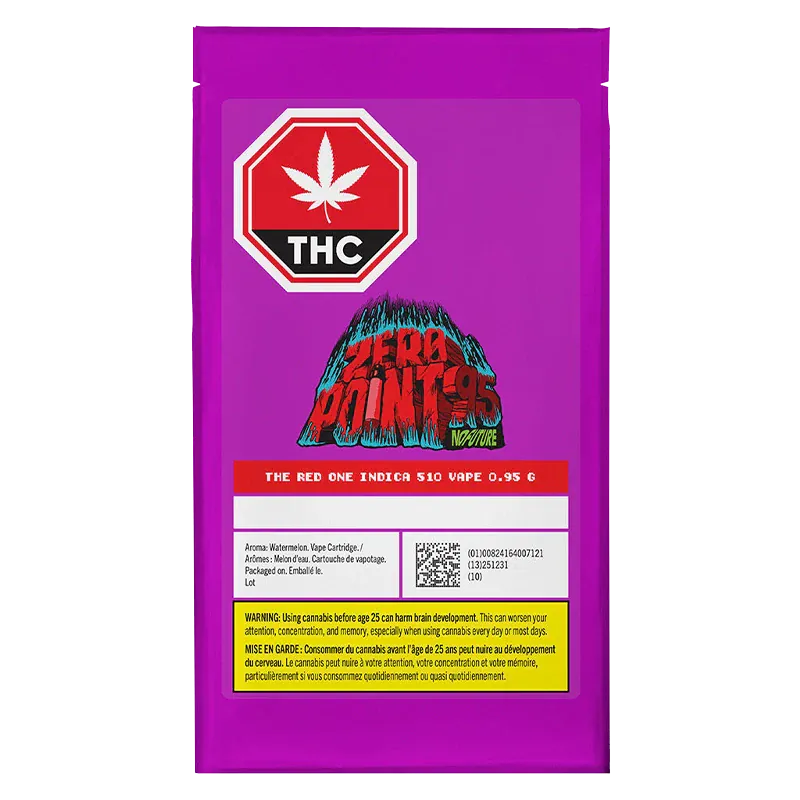 Front-facing shot of the purple pack showing the Zeropoint95 -The Red One Vape Cartridge label, THC stop sign, and warning block.