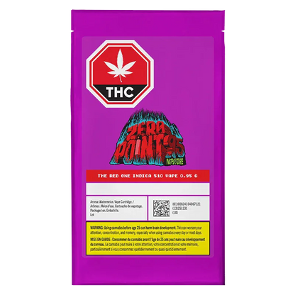Front-facing shot of the purple pack showing the Zeropoint95 -The Red One Vape Cartridge label, THC stop sign, and warning block.