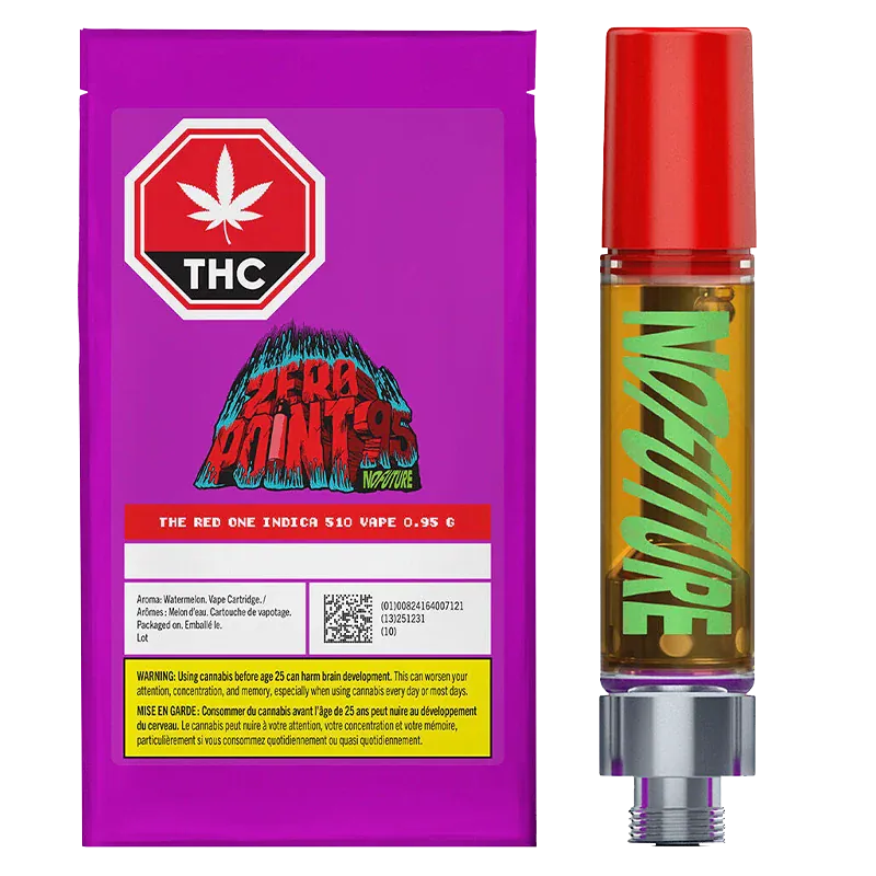 Front-facing image of the Zeropoint95 -The Red One Vape Cartridge showing the purple branded box with THC label beside a clear cartridge with red cap and green "NOFUTURE" text.