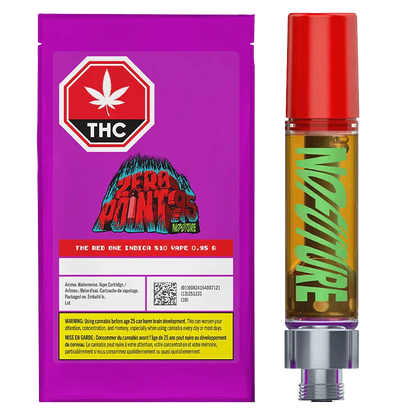 Front-facing image of the Zeropoint95 -The Red One Vape Cartridge showing the purple branded box with THC label beside a clear cartridge with red cap and green "NOFUTURE" text.