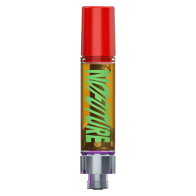 Centered vertical close-up of the Zeropoint95 -The Red One Vape Cartridge showing a red cap, amber oil chamber with green diagonal "NATURE" text, and metallic threaded base