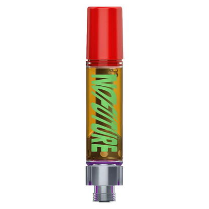 Centered vertical close-up of the Zeropoint95 -The Red One Vape Cartridge showing a red cap, amber oil chamber with green diagonal "NATURE" text, and metallic threaded base