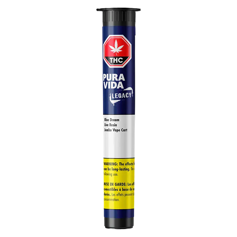 Studio-lit vertical view of the Blue Dream Jumbo Vape Cartridge showing its navy Pura Vida Legacy tube label and yellow warning band.