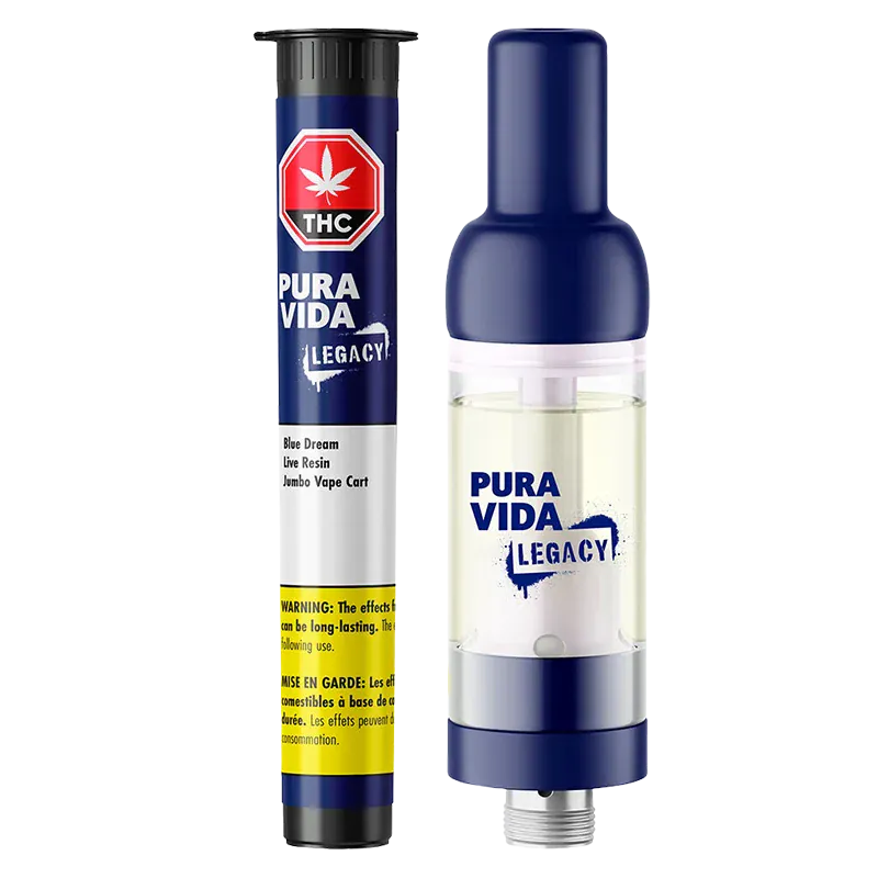 Front-facing view of the Blue Dream Jumbo Vape Cartridge showing its blue cap, clear oil chamber, and Pura Vida Legacy branding.