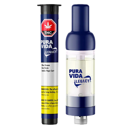Front-facing view of the Blue Dream Jumbo Vape Cartridge showing its blue cap, clear oil chamber, and Pura Vida Legacy branding.