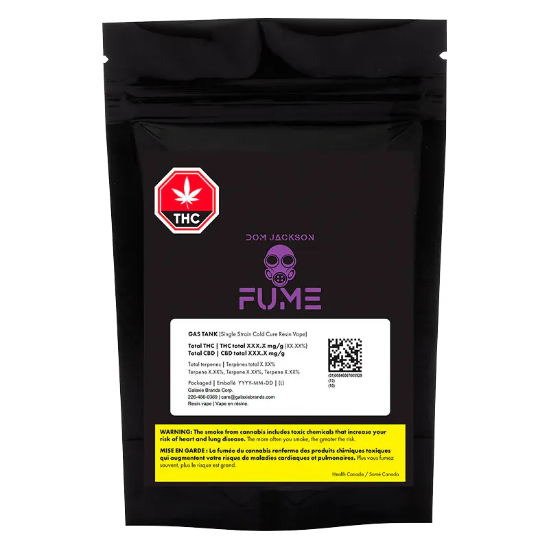Front-facing shot of a black pouch labeled "Gas Tank Cold Cured Resin Disposable Vape" with purple FUME logo and warning box.