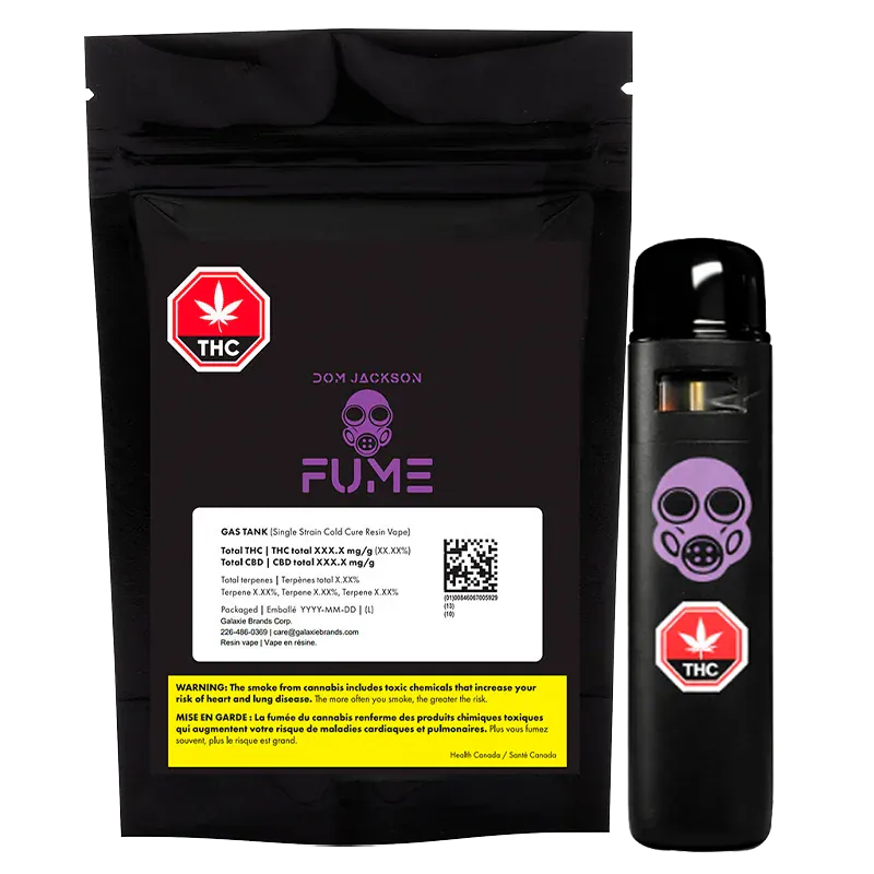 Front-facing shot of the Gas Tank Cold Cured Resin Disposable Vape showing a black pouch and matching black vape with purple gas-mask logo.