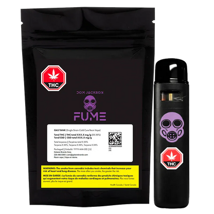 Front-facing shot of the Gas Tank Cold Cured Resin Disposable Vape showing a black pouch and matching black vape with purple gas-mask logo.