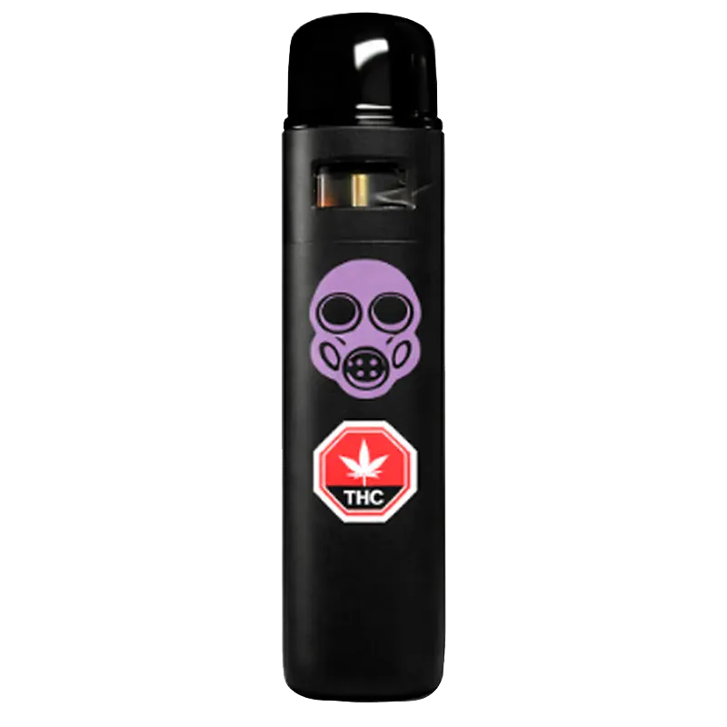 Straight-on view of a black Gas Tank Cold Cured Resin Disposable Vape with a purple gas mask graphic and red THC stop sign near the base.