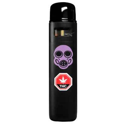 Straight-on view of a black Gas Tank Cold Cured Resin Disposable Vape with a purple gas mask graphic and red THC stop sign near the base.