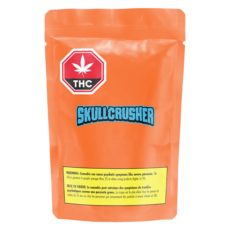 Front-facing shot of an orange pouch labeled Iced Orange Melted Diamond Vape Cartridge with a blue "SKULLCRUSHER" logo and a red THC emblem.