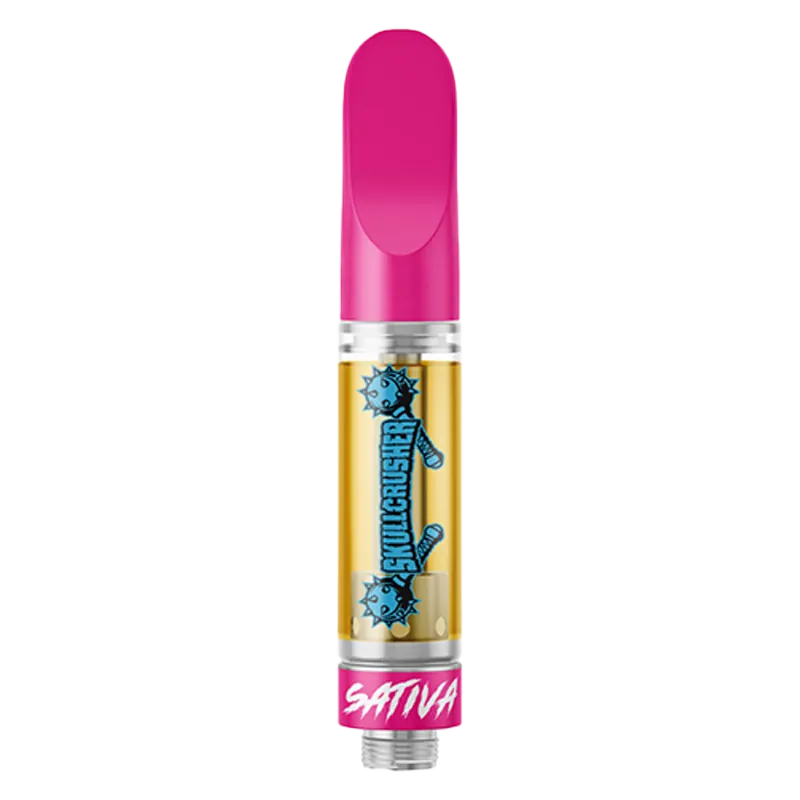 Vertical product shot of the Iced Orange Melted Diamond Vape Cartridge with a pink mouthpiece and gold cartridge chamber showing blue SkullCrusher graphics.