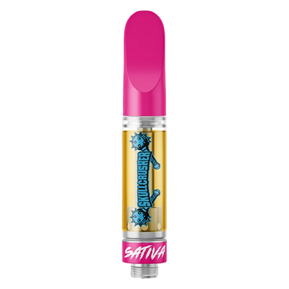 Vertical product shot of the Iced Orange Melted Diamond Vape Cartridge with a pink mouthpiece and gold cartridge chamber showing blue SkullCrusher graphics.