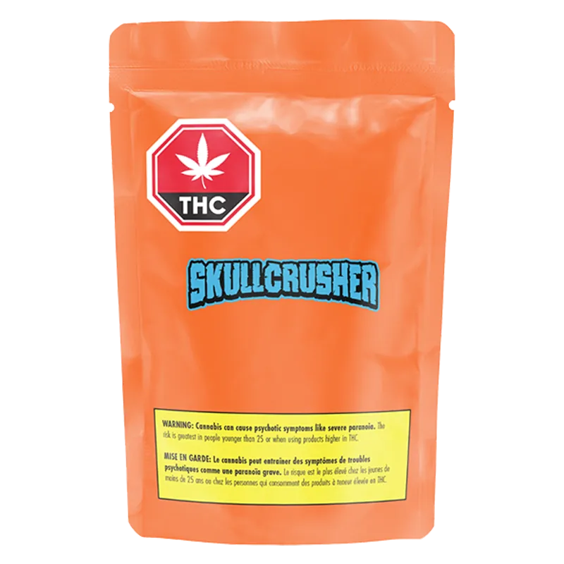 Front-facing shot of an orange pouch labeled "Iced Raspberry Melted Diamond Vape Cartridge" with a blue Skullcrusher logo, THC badge, and a yellow warning panel.