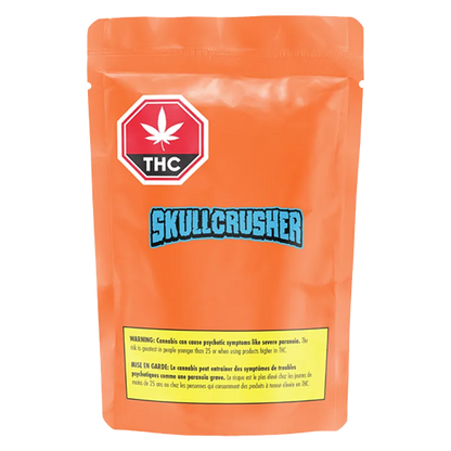 Front-facing shot of an orange pouch labeled "Iced Raspberry Melted Diamond Vape Cartridge" with a blue Skullcrusher logo, THC badge, and a yellow warning panel.